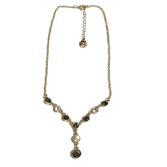 MONET VINTAGE GOLD-TONE DARK GRAY AND CLEAR RHINESTONE Y-SHAPED 15-18" NECKLACE - Picture 1 of 9
